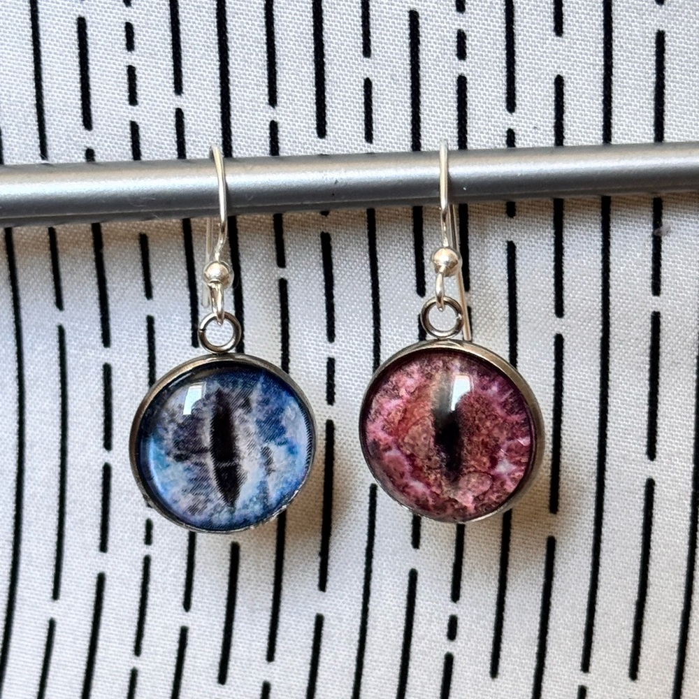 Blue and Pink Mythical Creature Cat Eye Design Silver Design Earrings